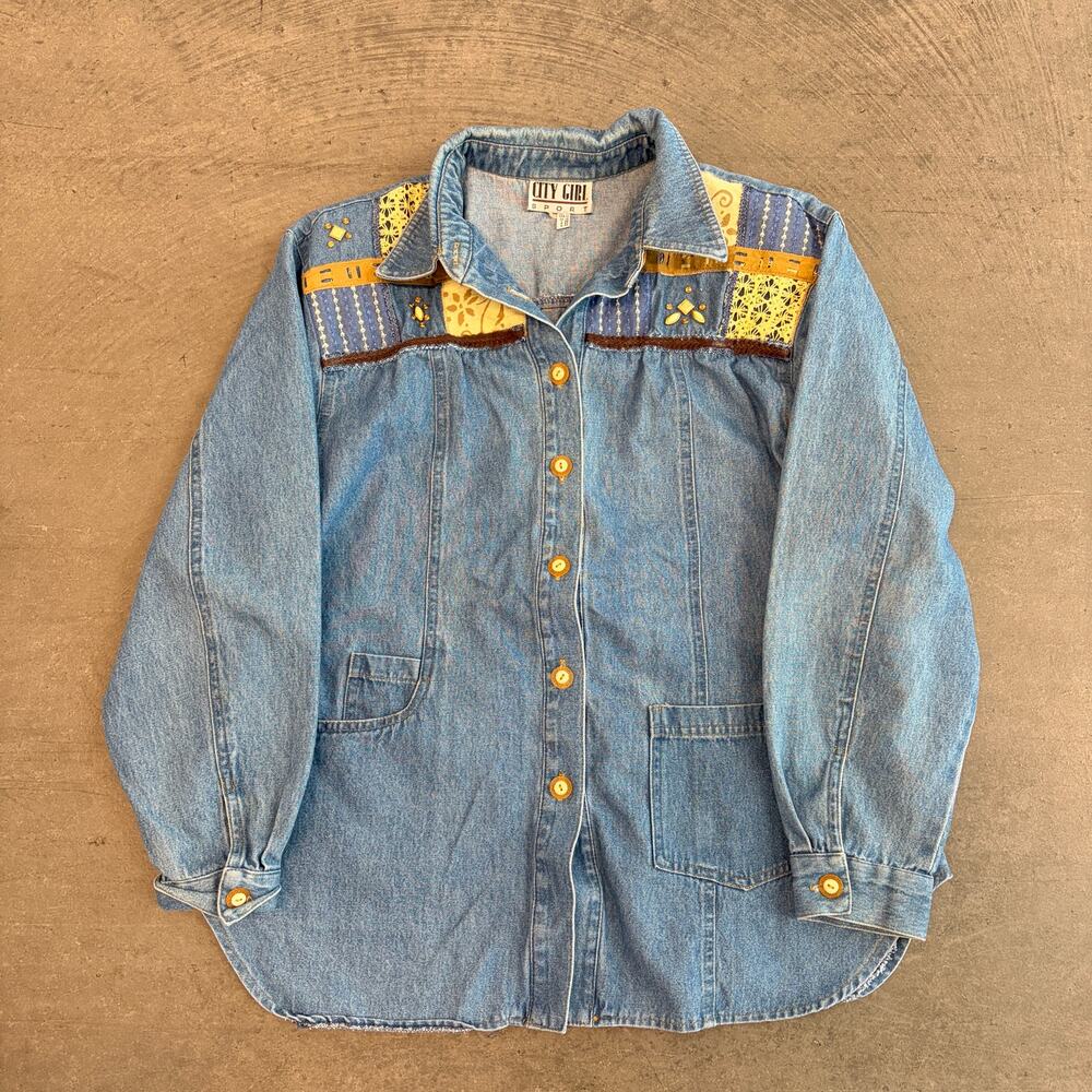 Vintage Y2k Westen Rodeo Embroidered Denim Jean Longsleeve Button Down L